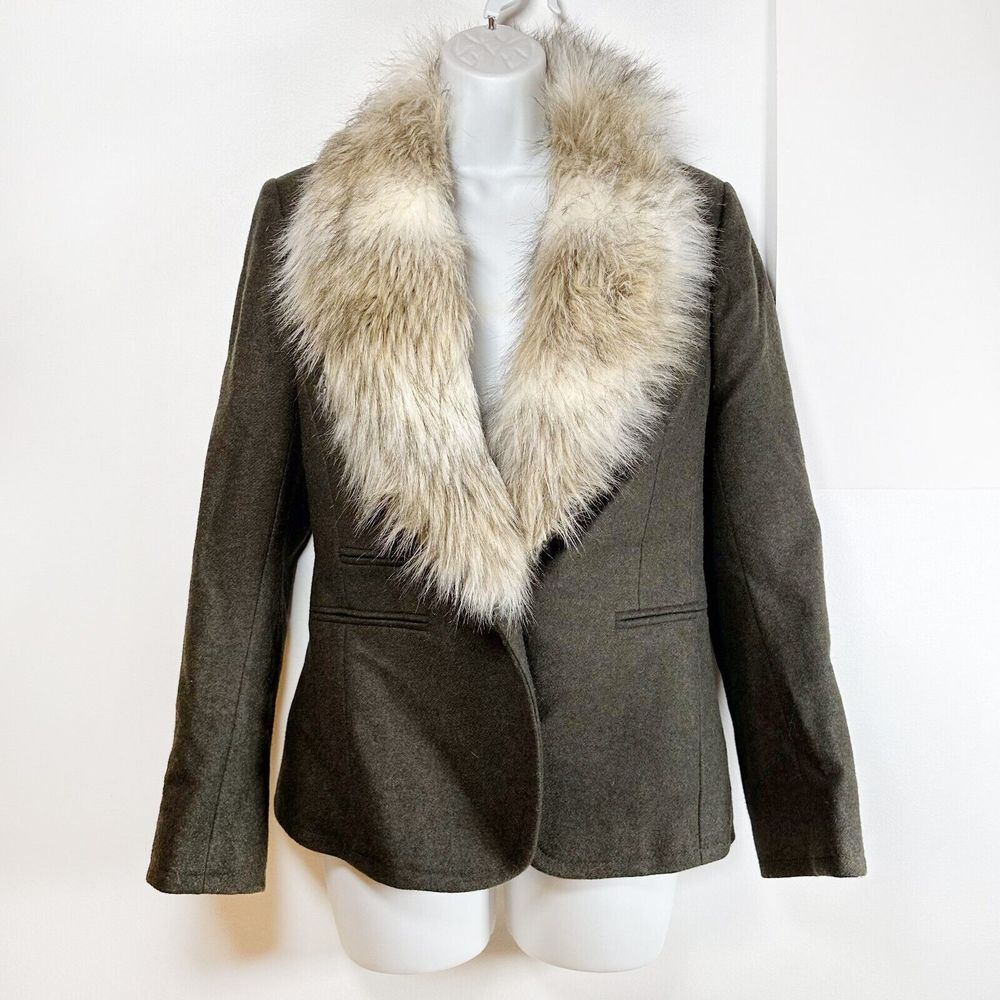 Ann Taylor LOFT Military Wool Jacket Blazer Fur Collar Olive Army Green 10P